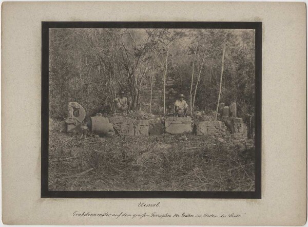 "Reliefs et sculptures en pierre dans l'ouest de la ville. Avec deux membres de l'expédition. Découverte de Teobert Maler".