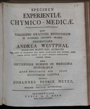 Specimen Experientiæ Chymico-Medicæ