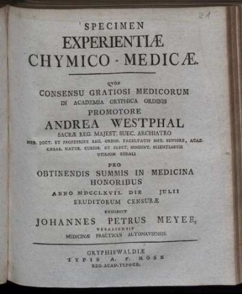 Specimen Experientiæ Chymico-Medicæ