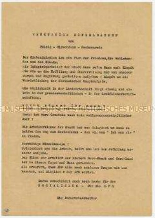 Flugblatt an Einzelbauern in Pölzig, Hirschfeld und Sachsenroda für Eintritt in die LPG
