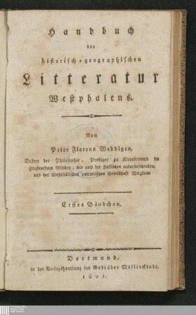 1: Handbuch der historisch-geographischen Litteratur Westphalens.