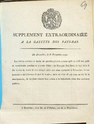 Gazette des Pays-Bas. Supplément extraordinaire à la Gazette des Pays-Bas. 1792, 6 Novembre