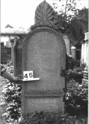 Grabstein 45 (Index: 100114480) Material: Kalkstein Zustand: verwittert mit Textverlust Maße HxBxT: 180x58x29 cm Beschreibung: Stele, Sockel, Rundbogenabschluß mit Mittelakroter auf Voluten, deutsches Schriftfeld rechteckig Symbolik: Palmette und Voluten: Grabstein 45