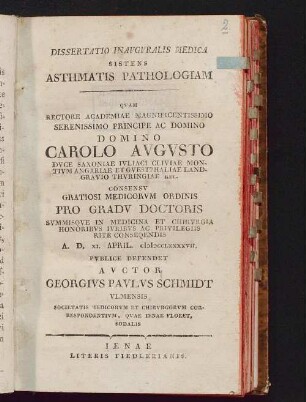 Dissertatio Inauguralis Medica Sistens Asthmatis Pathologiam
