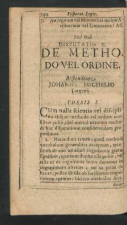 Disputatio X. De Methodo Vel Ordine. Respondente Johanne Michelio