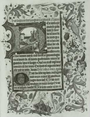 Illumination eines Stundenbuches: Schriftspiegel mit ornamentaler Umrahmung, in der Initiale h Christus am Ölberg