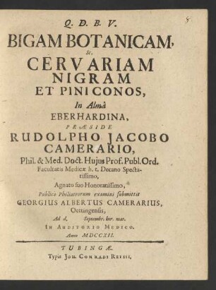 Bigam Botanicam, Sc. Cervariam Nigram Et Pini Conos : In Almâ Eberhardina