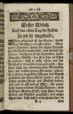 Erster Absatz. Auff den ersten Tag der Fasten. - Fünffter Absatz. Auff den fünfften Tag in der Fasten.