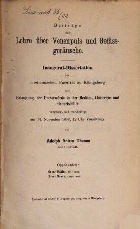 Beiträge zur Lehre über Venenpuls und Gefässgeräusche : Inaugural-Dissertation
