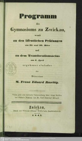 1840/41: Programm des Gymnasiums zu Zwickau : womit zu der öffentlichen Prüfung ... ergebenst einladet