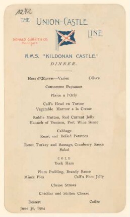 Menükarte : Dinner, R.M.S. "Kildonan Castle"