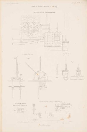 Hydraulische Windevorrichtung, Hamburg: Ansicht, Details hydraulische Maschine (aus: Atlas zur Zeitschrift für Bauwesen, hrsg. v. G. Erbkam, Jg. 4, 1854)