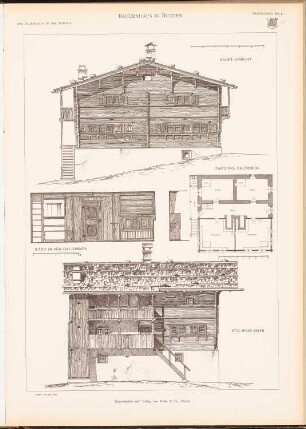 Bauernhaus, Buchen: Grundriss EG, Hauptansicht, Ansicht von Südwesten, Innenansicht (aus: Das Bauernhaus in der Schweiz, hrsg.v. Schweiz. Ingenieur- und Architektenverein, 1903)