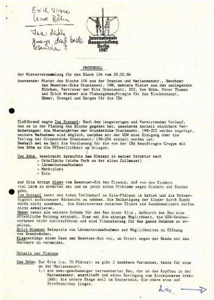 Protokoll: Mieterversammlung Block 104 vom 29.2.1984