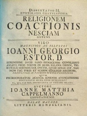 Diss. ... epistol. gratulatoria religionem coactionis nesciam sistens, 2