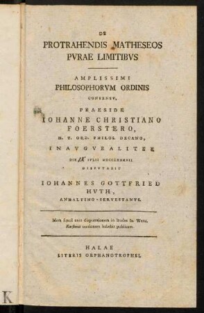 1-46, De Protrahendis Matheseos Purae Limitibus
