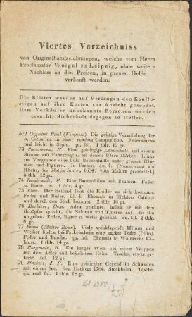 Viertes Verzeichniss von Originalhandzeichnungen, welche vom Herrn Proclamator Weigel zu Leipzig, ohne weitern Nachlass an den Preisen, in preuss. Gelde verkauft werden