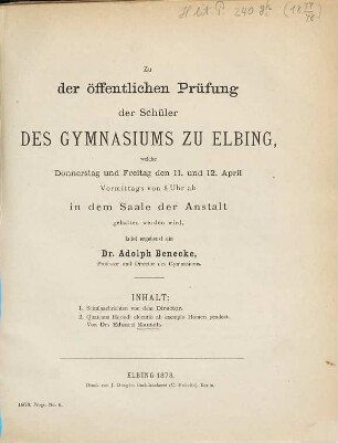 Zu der öffentlichen Prüfung und Schlußfeier in dem Saale der Anstalt ... ladet ergebenst ein, 1877/78