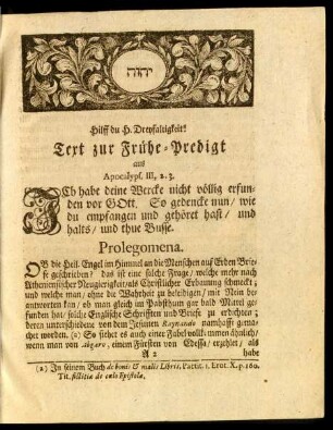 Text zur Frühe-Predigt aus Apocalyps. III, 2.3