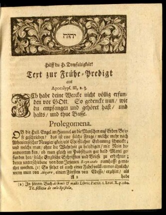 Text zur Frühe-Predigt aus Apocalyps. III, 2.3