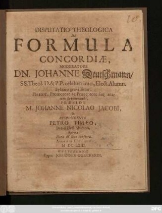 Disputatio Theologica De Formula Concordiae