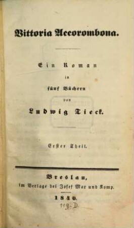 Vittoria Accorombona : ein Roman in fünf Büchern, 1