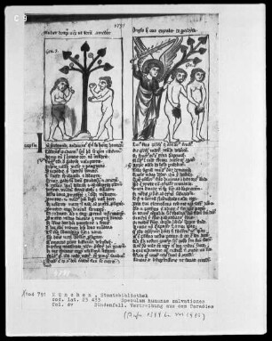 Speculum humanae salvationes — Textseite mit zwei Miniaturen, Folio 4verso