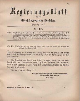 Nr. 72: Ministerialverordnung vom 28. März 1917 über den Handel mit Opium und anderen Betäubungsmitteln
