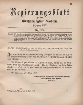 Nr. 72: Ministerialverordnung vom 28. März 1917 über den Handel mit Opium und anderen Betäubungsmitteln