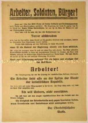 Bekanntmachung an die Einwohner Berlins zur erfolgreichen gewaltsamen Niederschlagung der Aufstände - Werbung Noskes als Sympathieträger der Arbeiter gegen "Spartakus"