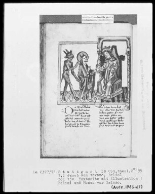 Jacob von Teramo, Belial und Johannes von Mandeville, Reise nach Jerusalem — Jacob von Teramo, Belial — Belial mit Moses vor Salomon, Folio 13verso