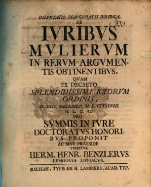 Disp. inaug. iur. de iuribus mulierum in rerum argumentis obtinentibus