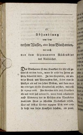 IV. Abhandlung von dem rothen Wasser, oder dem Blutharnen, wie auch von dem sogenannten Rückenblut des Rindviehes.