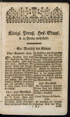 Königl. Preuß. Hof-Staat. so in Berlin wohnhaft