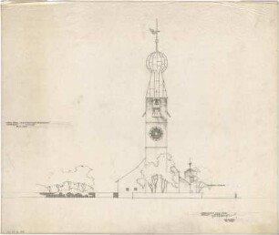Gsaenger, Gustav; München - Obermenzing, Grünspechtstr. 13; Ev. Notkirche, Bethlehems Kirche, Pfarrhaus - Entwurf, Ostseite (Ansicht)