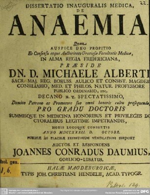 Dissertatio Inauguralis Medica, De Anaemia