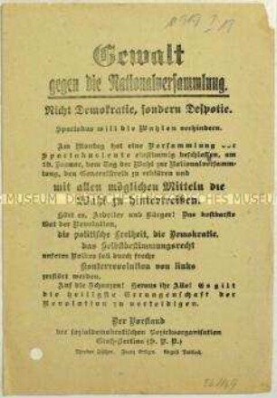 Aufruf der SPD zur Verhinderung eines vom Spartakusbund geplanten Generalstreiks gegen die Wahl zur Nationalversammlung am 19. Januar 1919