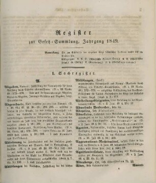 Register zur Gesetz-Sammlung, Jahrgang 1849