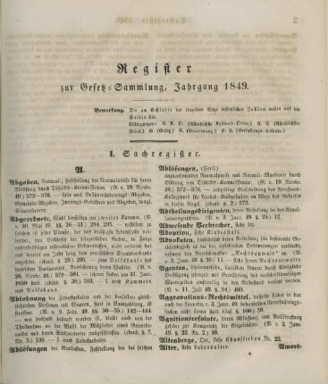 Register zur Gesetz-Sammlung, Jahrgang 1849
