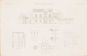 Wohnhaus vor dem Brandenburger Tor, Potsdam: Grundriss, Ansichten, Schnitt AB, Details (aus: Atlas zur Zeitschrift für Bauwesen, hrsg. v. G. Erbkam, Jg. 6, 1856)