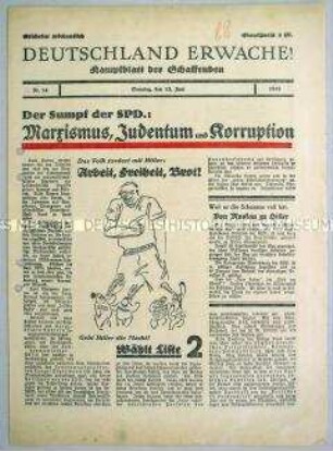 NS-Wochenblatt "Deutschland erwache!" mit scharfer Polemik gegen die SPD