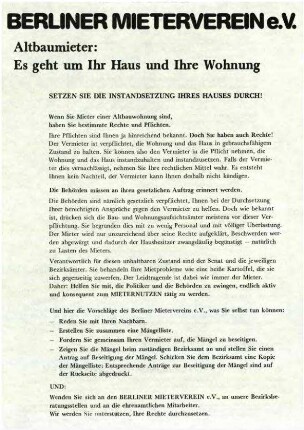 Flugschriften: Berliner Mieterverein e. V.,               Altbaumieter: Es geht um Ihr Haus und Ihre Wohnung