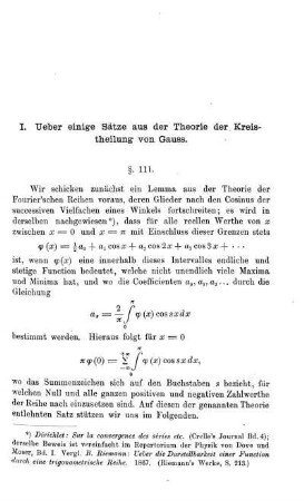 I. Ueber einige Sätze aus der Theorie der Kreistheilung von Gauss.