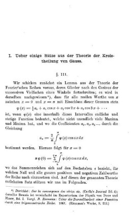 I. Ueber einige Sätze aus der Theorie der Kreistheilung von Gauss.
