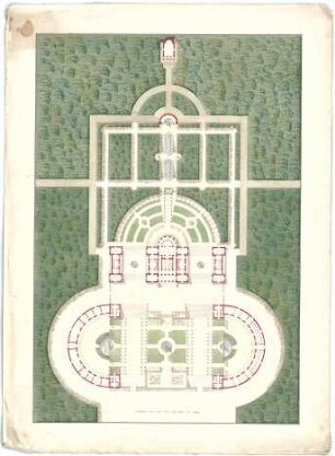 Röhrer, Karl; Unidentifizierte Gebäude - Achsensymmetrische Gartenanlage mit zentralem Palais (Grundriss)