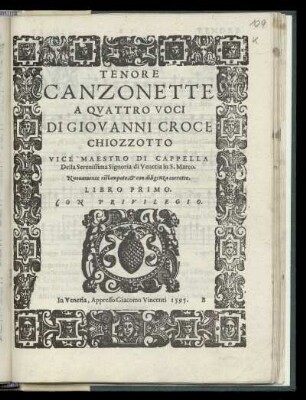 Giovanni Croce: Canzonette a quartto voci ... Libro primo. Tenore