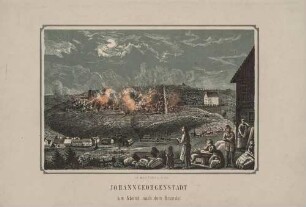 Stadtansicht von Johanngeorgenstadt im Erzgebirge am Breitenbach an der böhmischen Grenze, Ansicht am Abend nach dem Stadtbrand von 1867