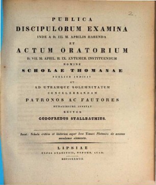 Ad sacra anniversaria in Schola Thomana ... pie celebranda invitat. 1837