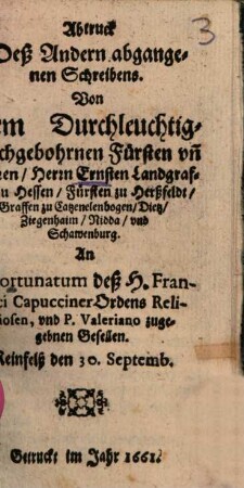 Abtruck des andern abgegangenen Schreibens an F. Fortunatum