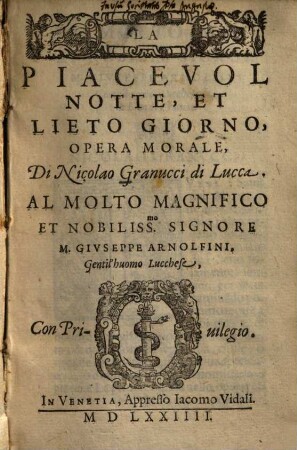 La piacevol notte, et lieto giorno : opera morale